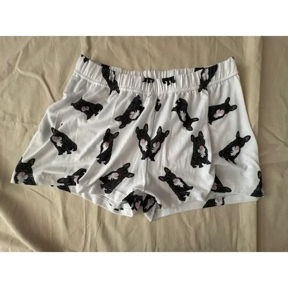 UR Of Love Women XS Shorts French Bulldog Print White Black Elastic Waist Lounge - Picture 1 of 11